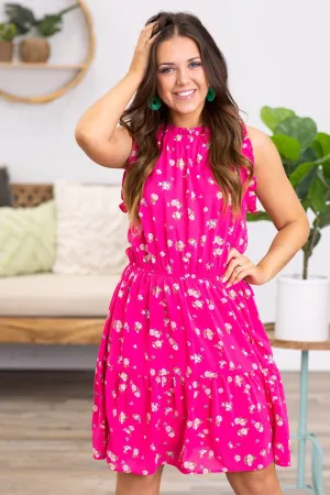 Hot Pink Floral Self Tie Ruffle Trim Dress