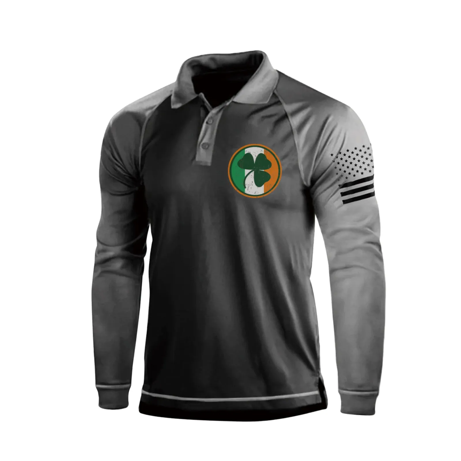 IRELAND FLAG SHAMROCK RAGLAN GRAPHIC LONG SLEEVE POLO SHIRT