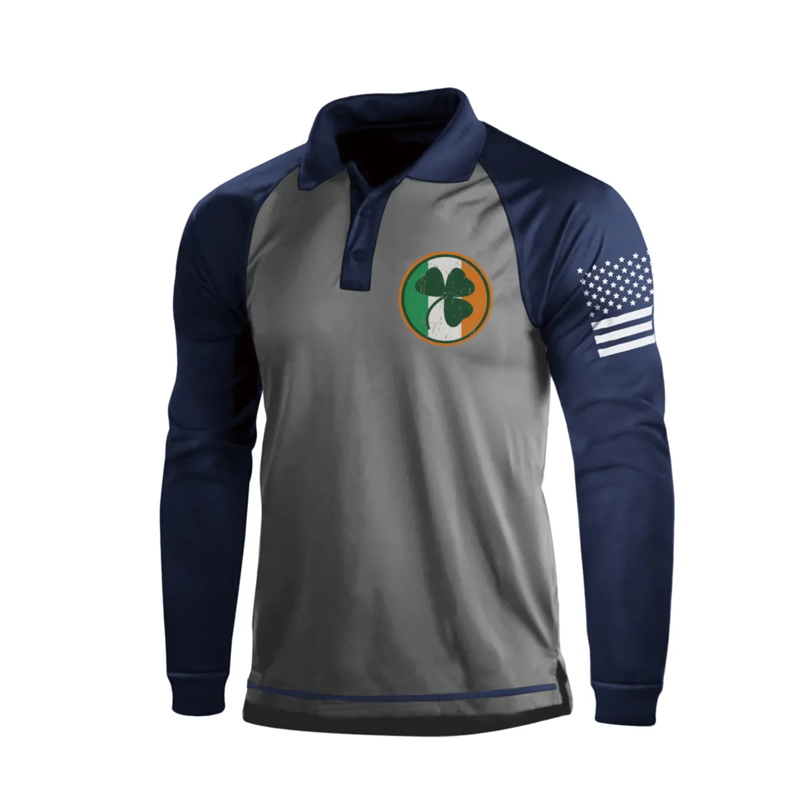 IRELAND FLAG SHAMROCK RAGLAN GRAPHIC LONG SLEEVE POLO SHIRT