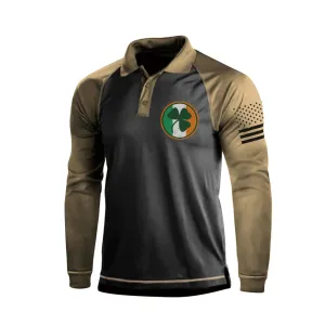 IRELAND FLAG SHAMROCK RAGLAN GRAPHIC LONG SLEEVE POLO SHIRT