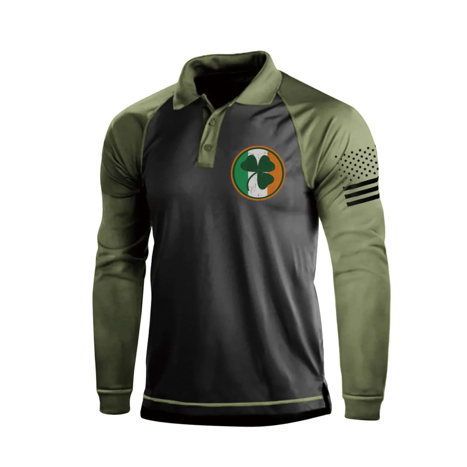 IRELAND FLAG SHAMROCK RAGLAN GRAPHIC LONG SLEEVE POLO SHIRT