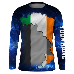 Ireland Flag Universe fishing Custom Name Long sleeve, Long Sleeve Hooded Fishing Shirt - NPQ658