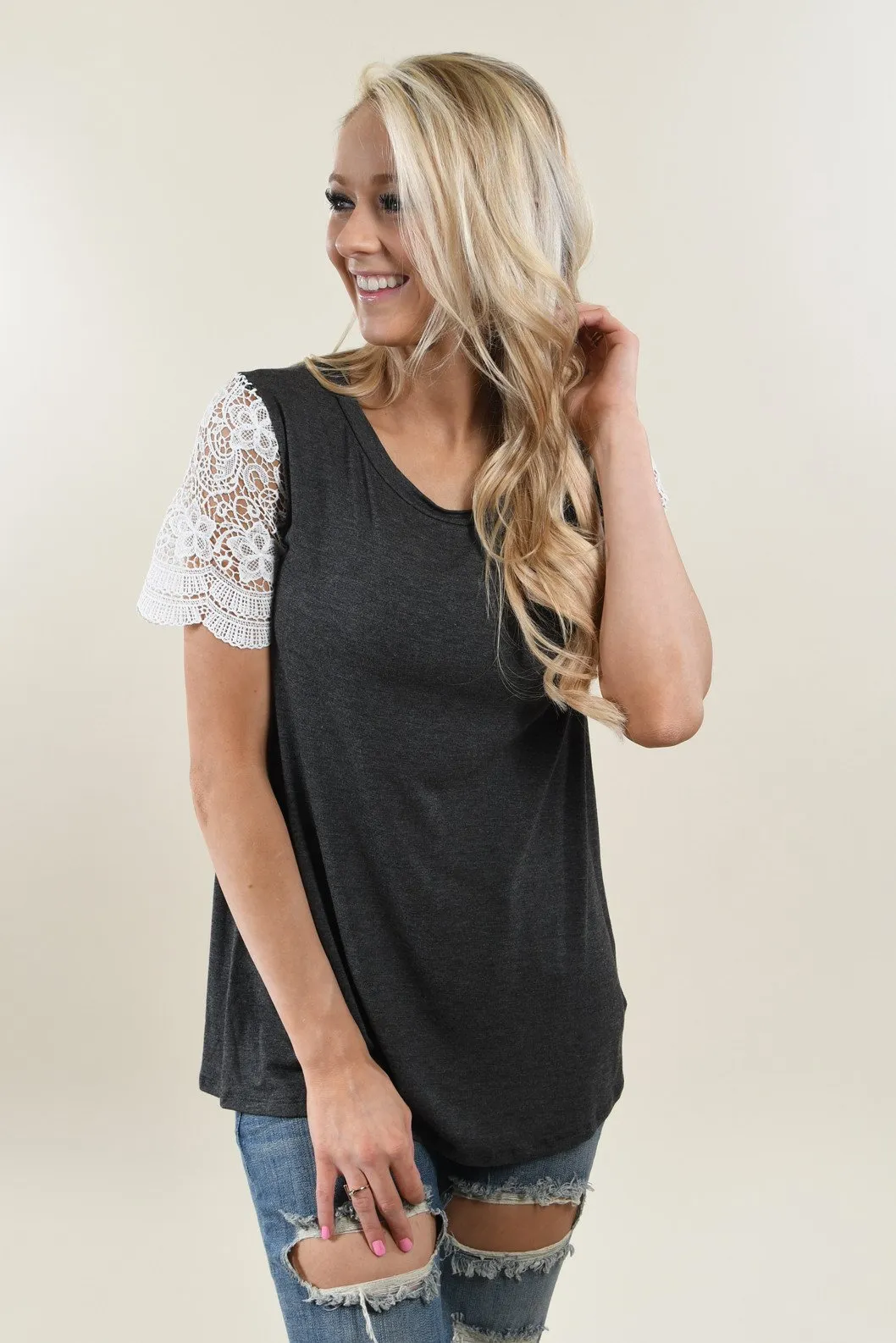 It's All Cool Detail Sleeve Top ~ Charcoal