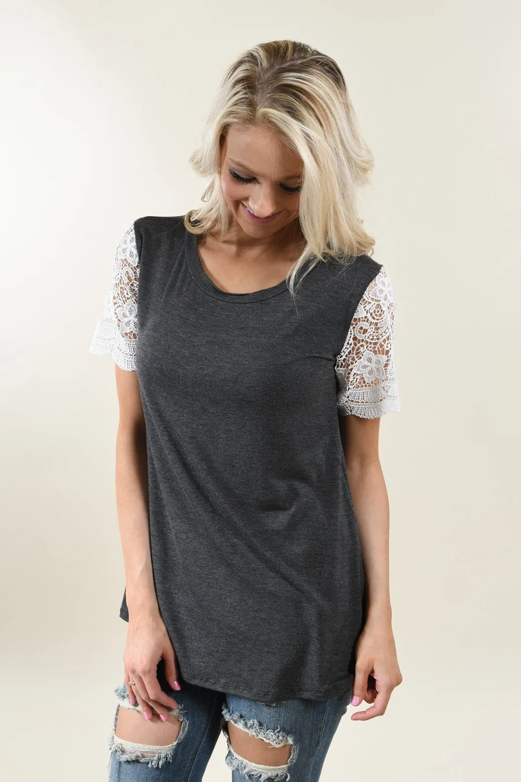 It's All Cool Detail Sleeve Top ~ Charcoal