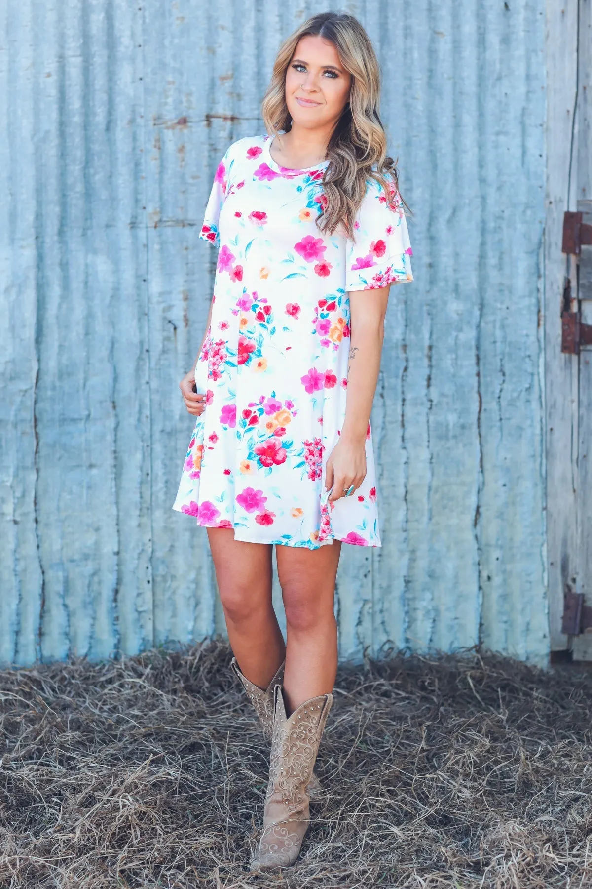 Ivory Multicolor Floral Print Knit Dress