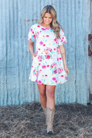 Ivory Multicolor Floral Print Knit Dress