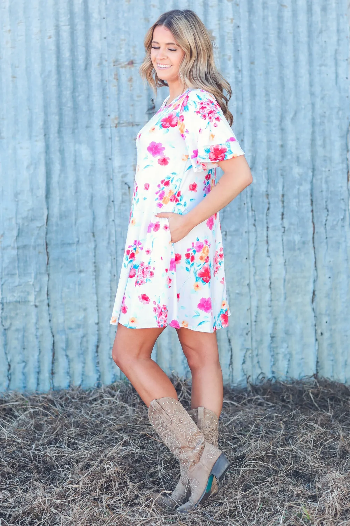 Ivory Multicolor Floral Print Knit Dress