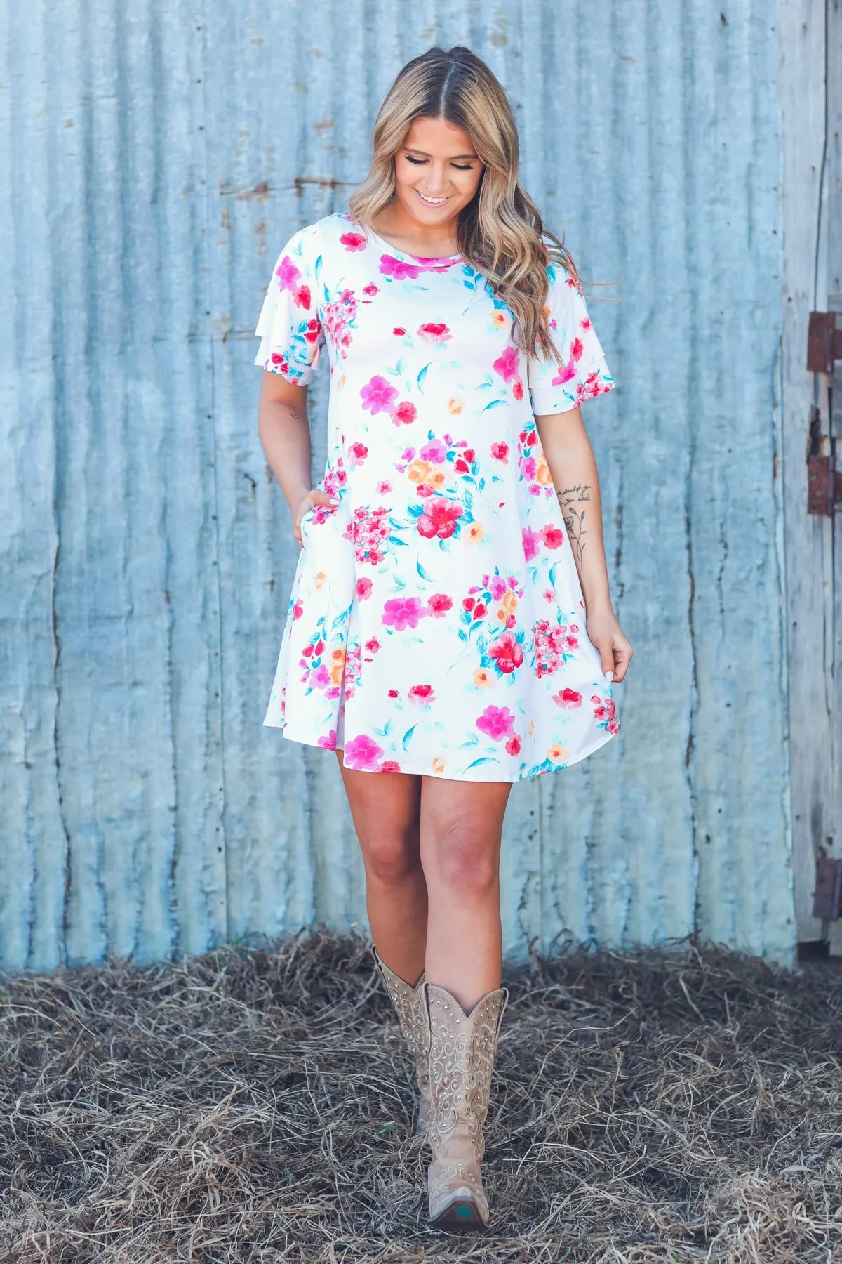 Ivory Multicolor Floral Print Knit Dress