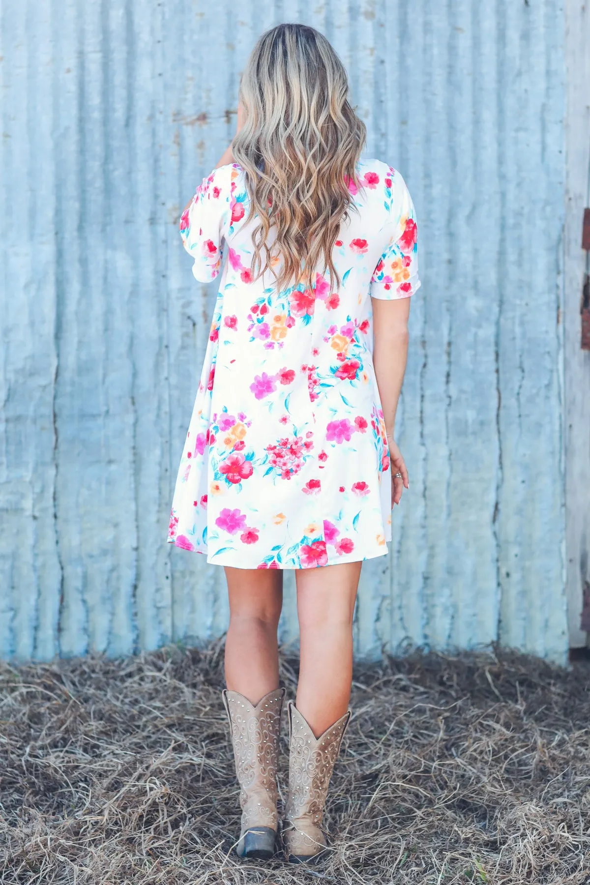 Ivory Multicolor Floral Print Knit Dress
