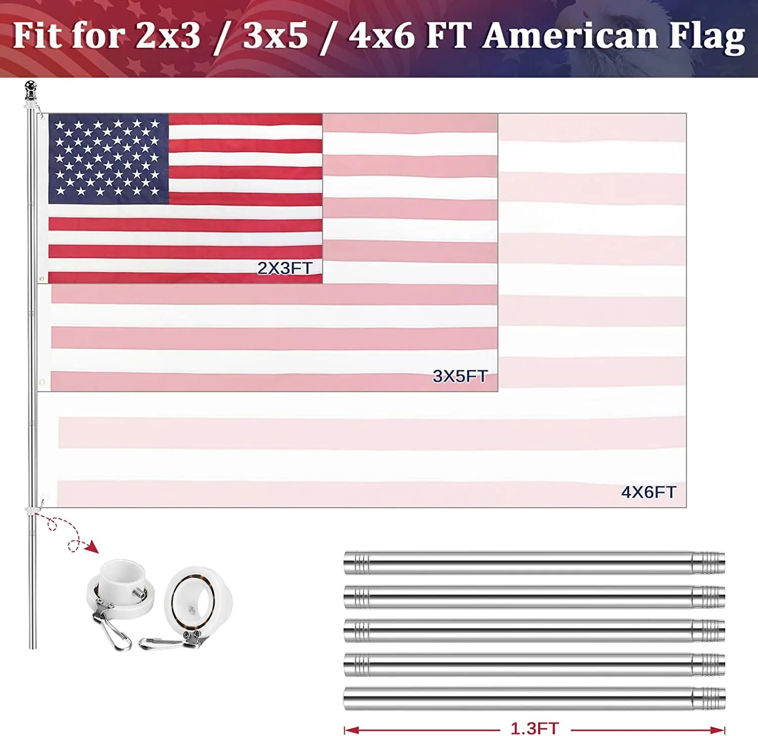Jetlifee American Flag Pole Kit - 6FT 5 Section Flag Pole|american flag with mounting bracket|flag pole for high winds