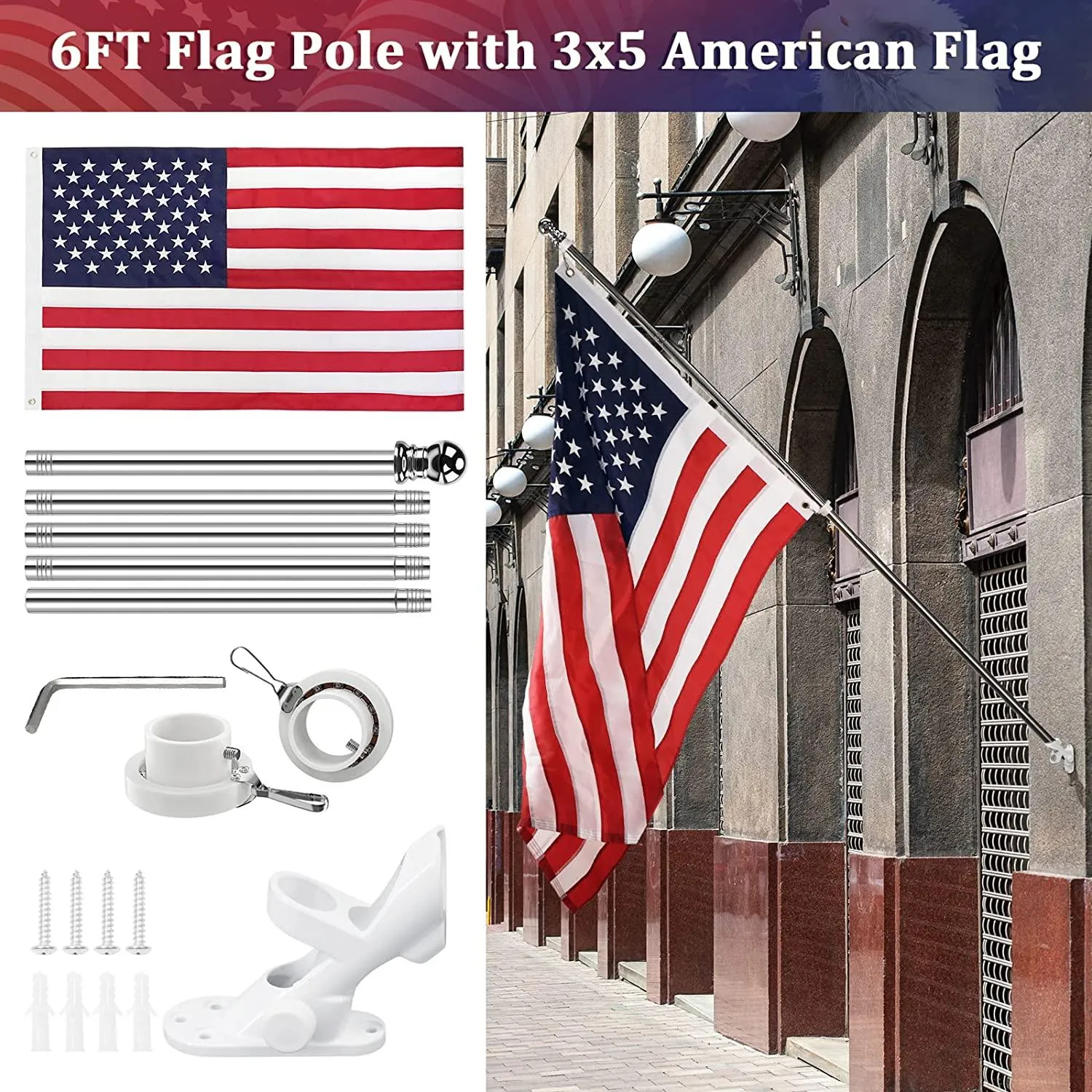 Jetlifee American Flag Pole Kit - 6FT 5 Section Flag Pole|american flag with mounting bracket|flag pole for high winds