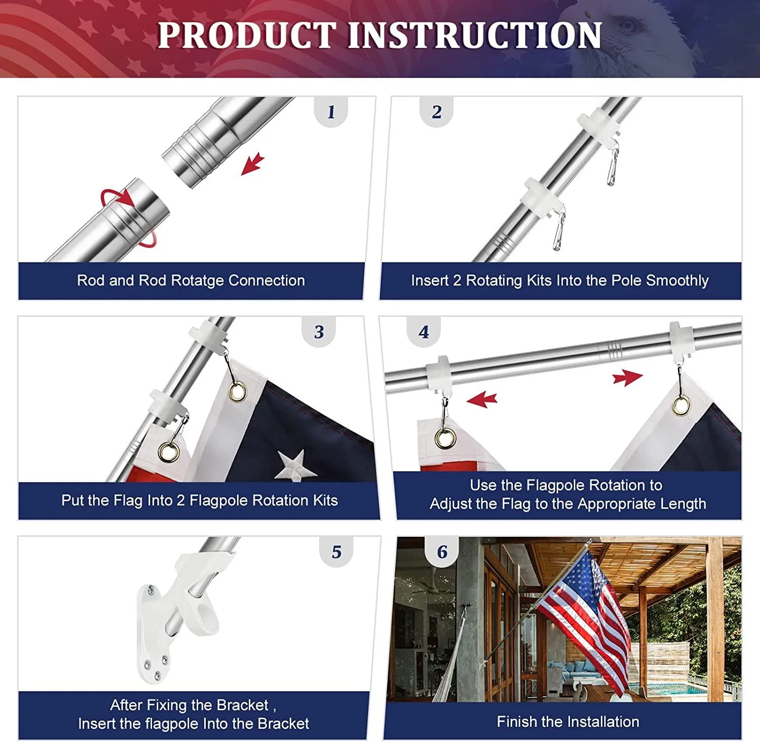 Jetlifee American Flag Pole Kit - 6FT 5 Section Flag Pole|american flag with mounting bracket|flag pole for high winds