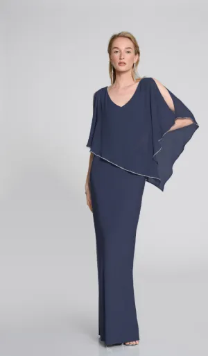 Joseph Ribcoff Silky Knit Chiffon Layered Gown with Cape- Midnight blue