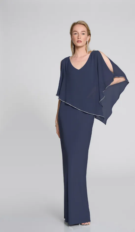 Joseph Ribcoff Silky Knit Chiffon Layered Gown with Cape- Midnight blue