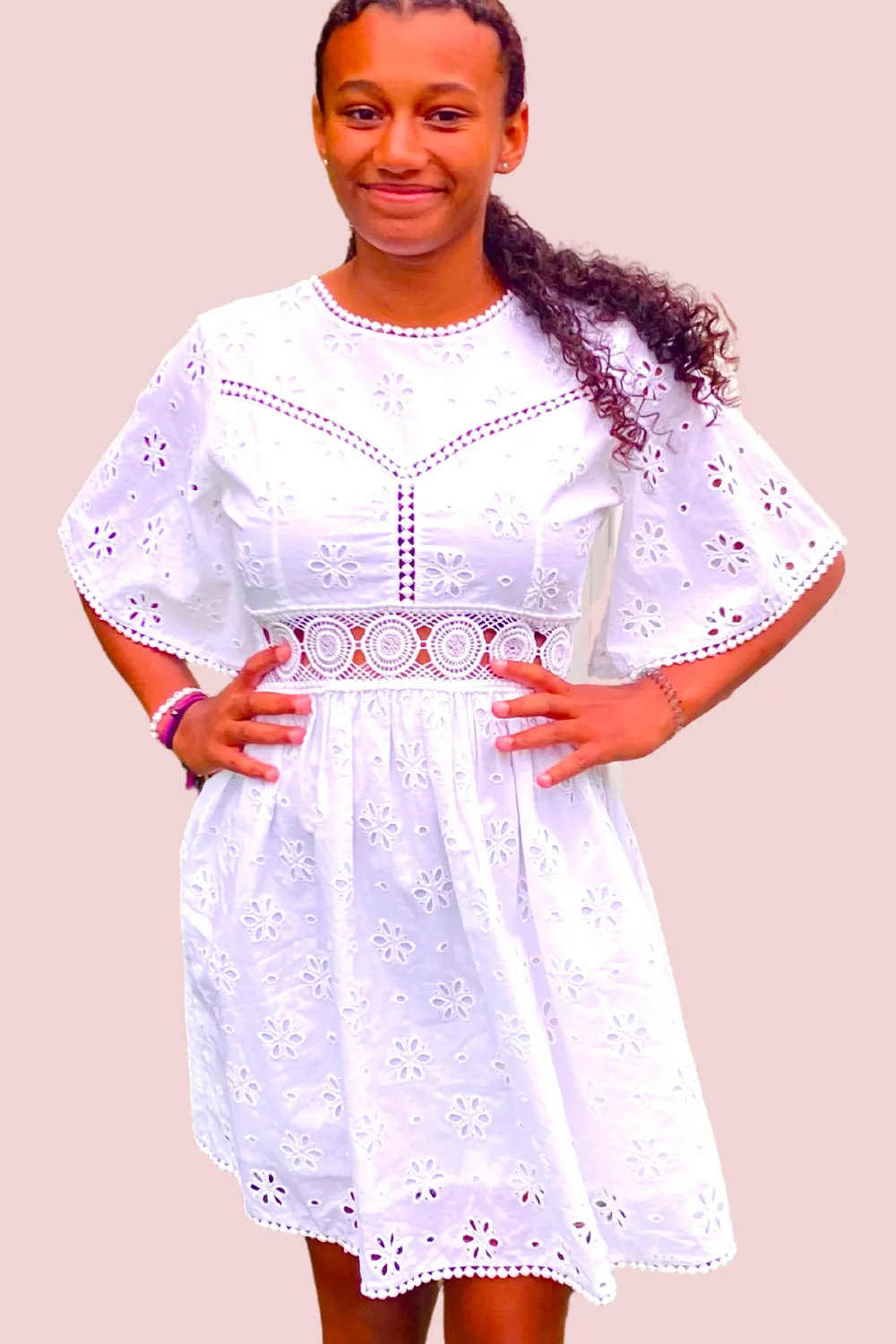 Ladies White Eyelet Minidress with Bell Sleeves
