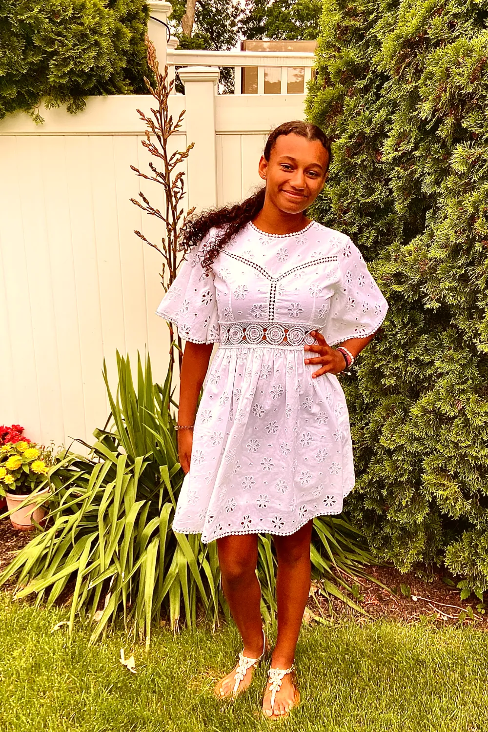 Ladies White Eyelet Minidress with Bell Sleeves