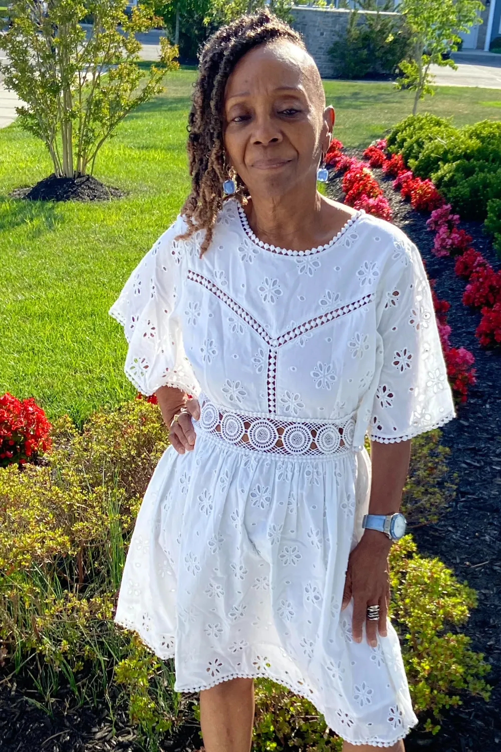 Ladies White Eyelet Minidress with Bell Sleeves