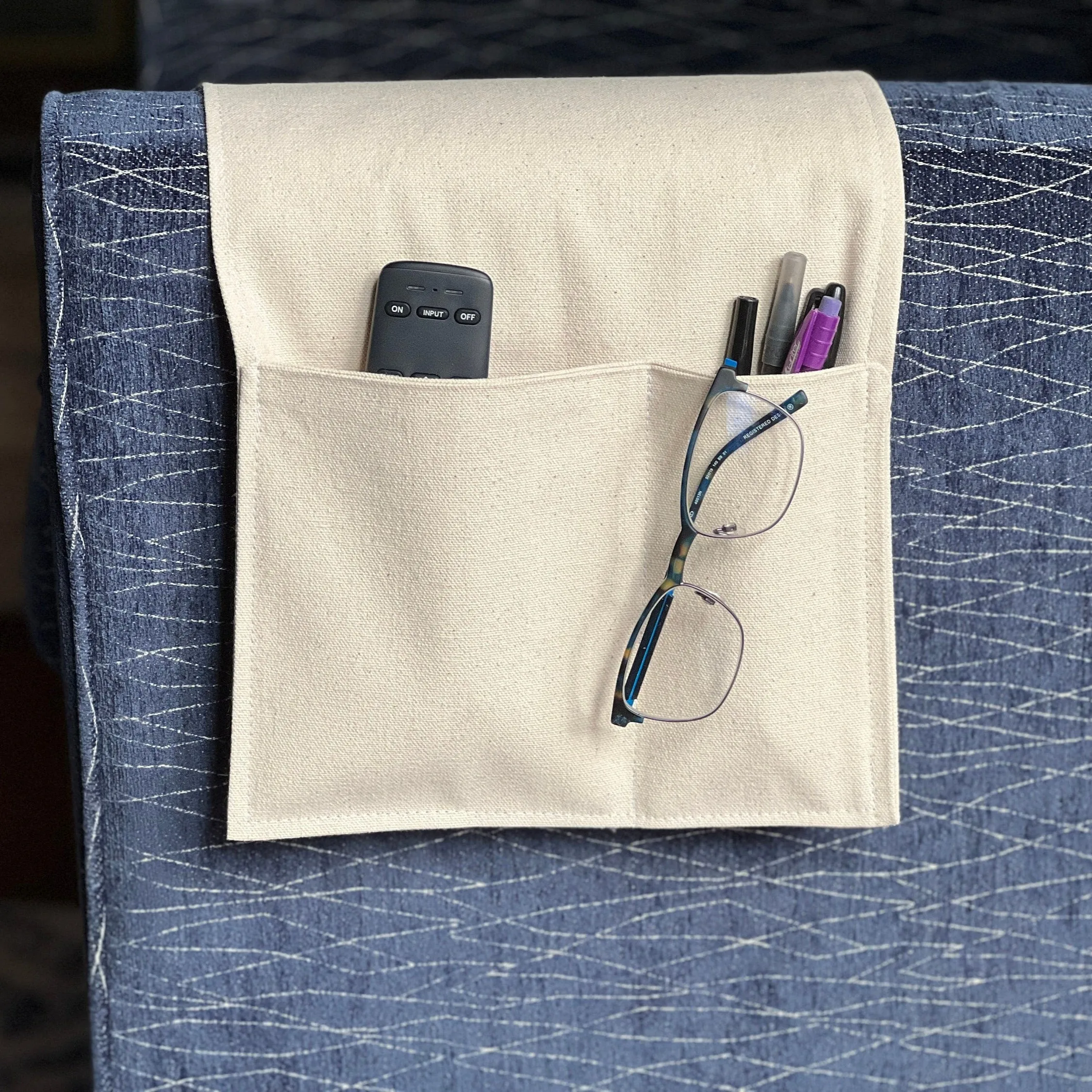 Large 2 Pocket Caddy for Armrest, 7 Colors Available, hold your glasses, cell phone, couch caddy, living room organizer