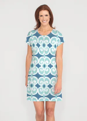 Links Navy Aqua (8133) ~ French Terry Short Sleeve Crew Dress