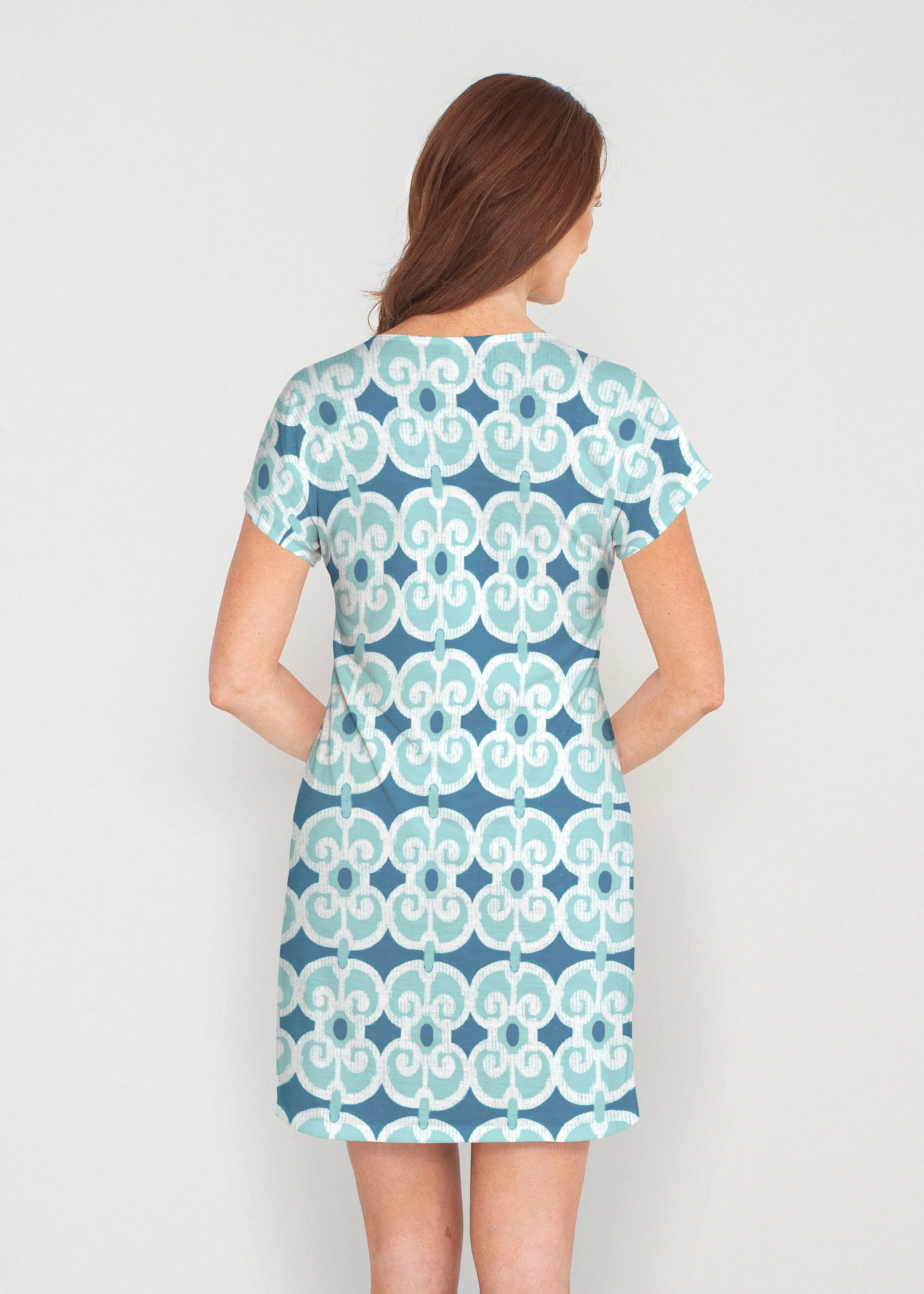 Links Navy Aqua (8133) ~ French Terry Short Sleeve Crew Dress