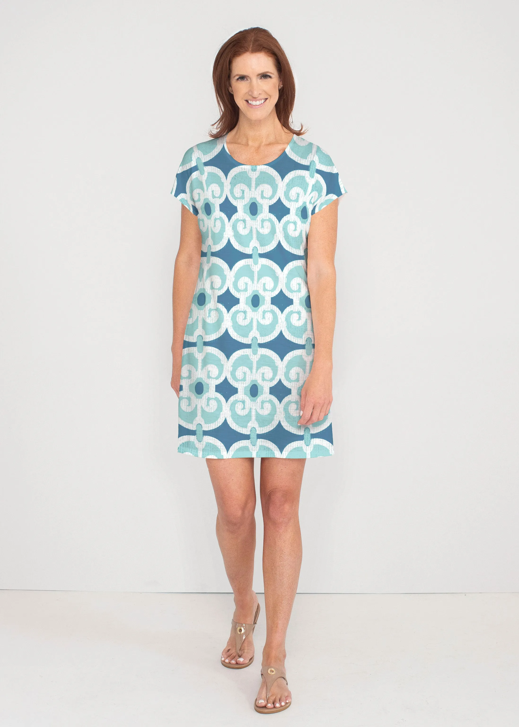 Links Navy Aqua (8133) ~ French Terry Short Sleeve Crew Dress