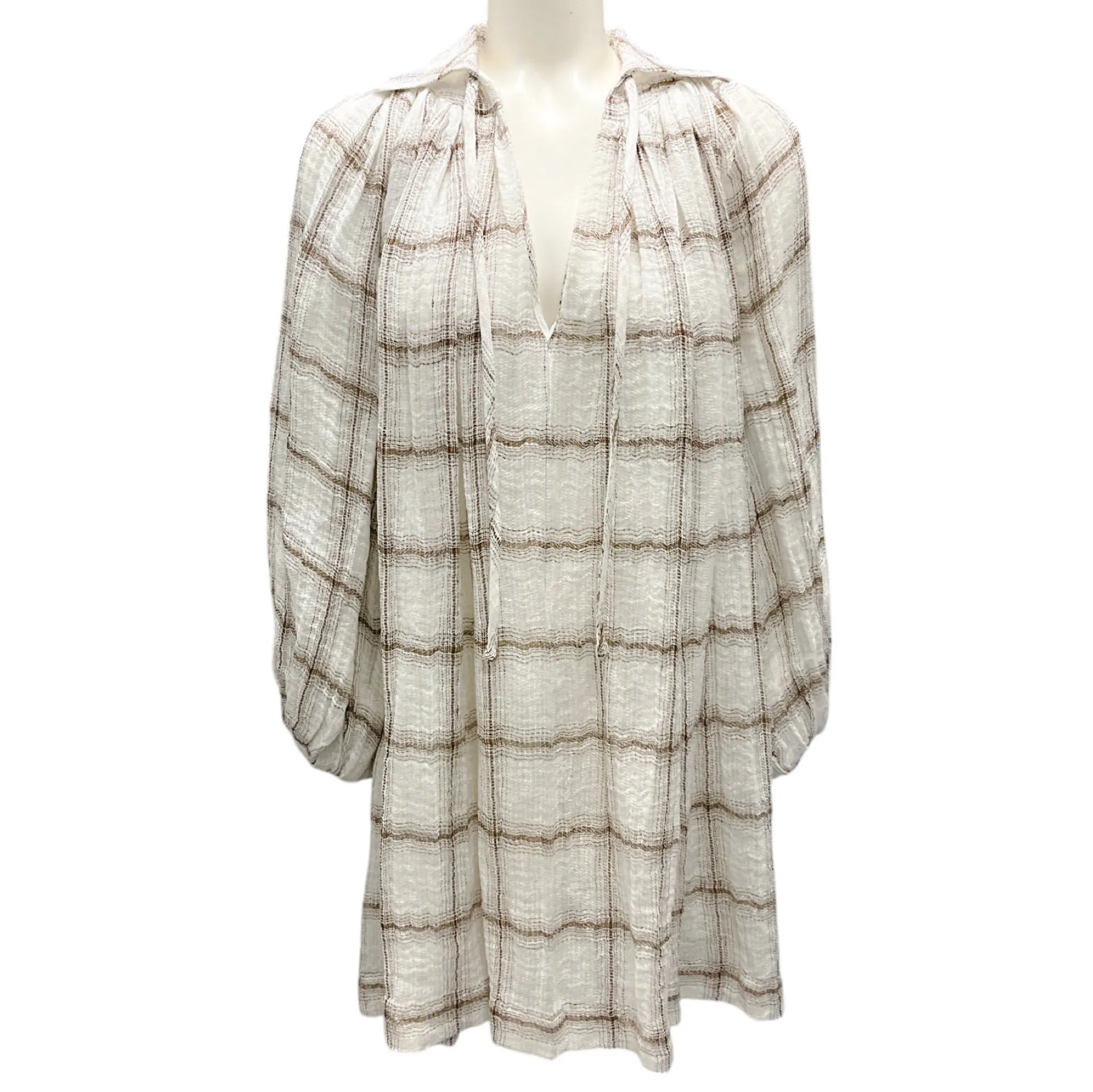 Lisa Marie Fernandez White / Brown Plaid Gauze Linen Dress
