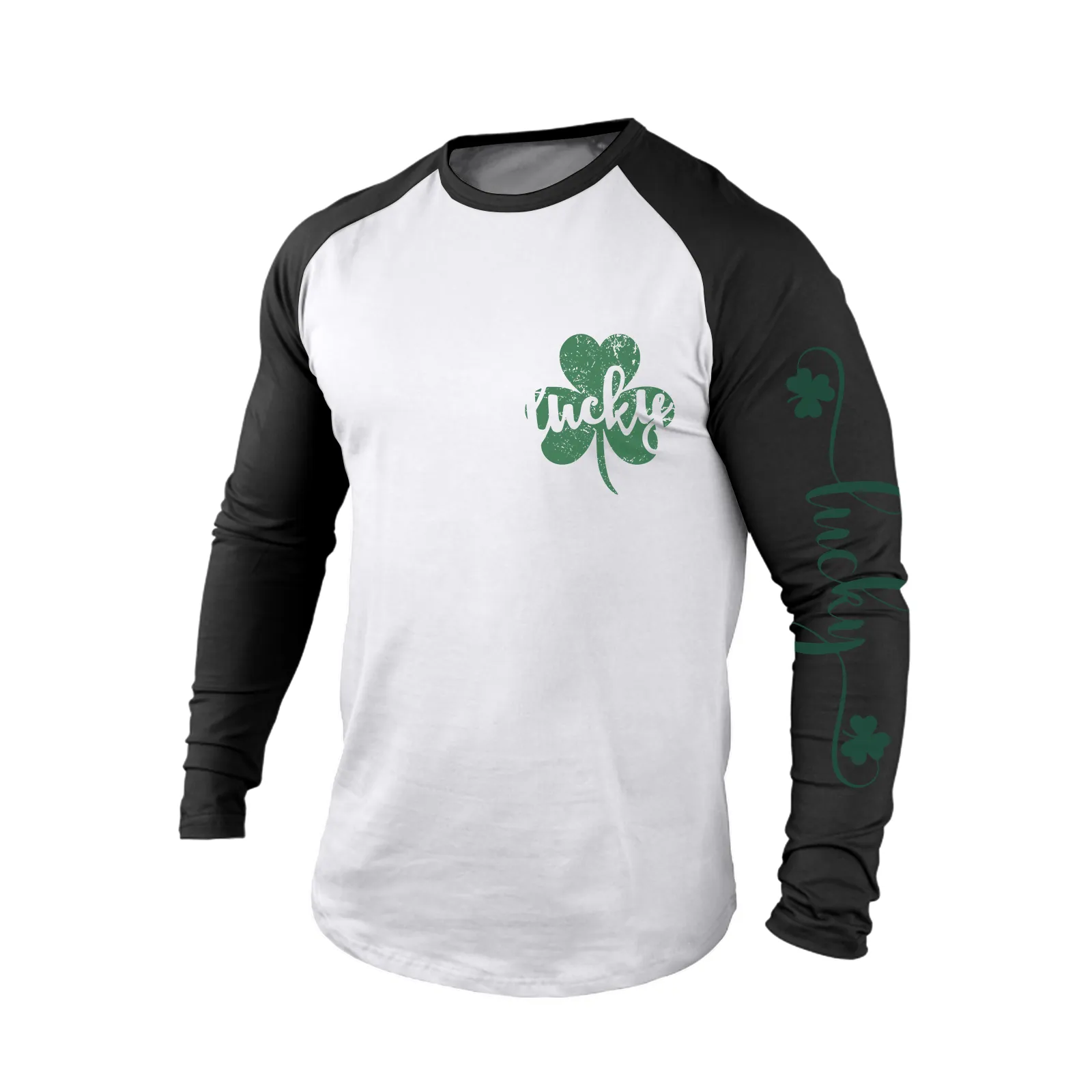 LUCKY SHAMROCK 100% COTTON RAGLAN GRAPHIC LONG SLEEVE T-SHIRT