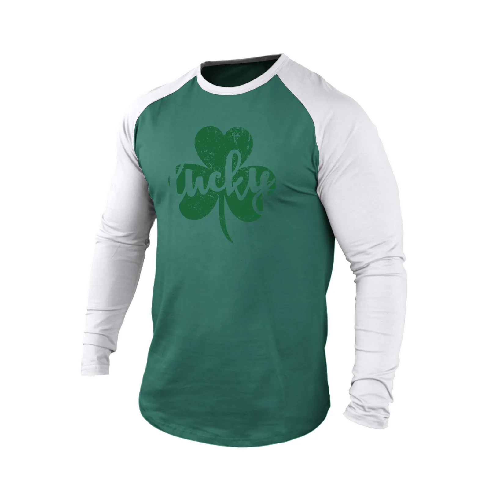 LUCKY SHAMROCK 100% COTTON RAGLAN GRAPHIC LONG SLEEVE T-SHIRT