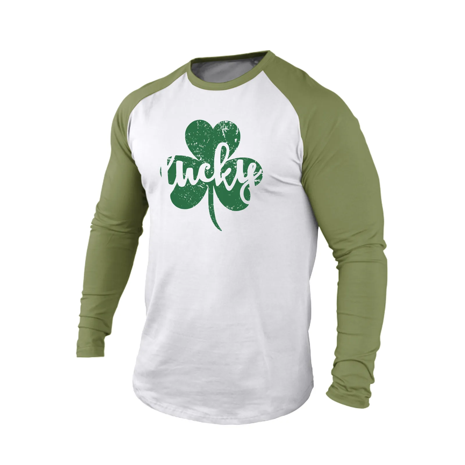 LUCKY SHAMROCK 100% COTTON RAGLAN GRAPHIC LONG SLEEVE T-SHIRT