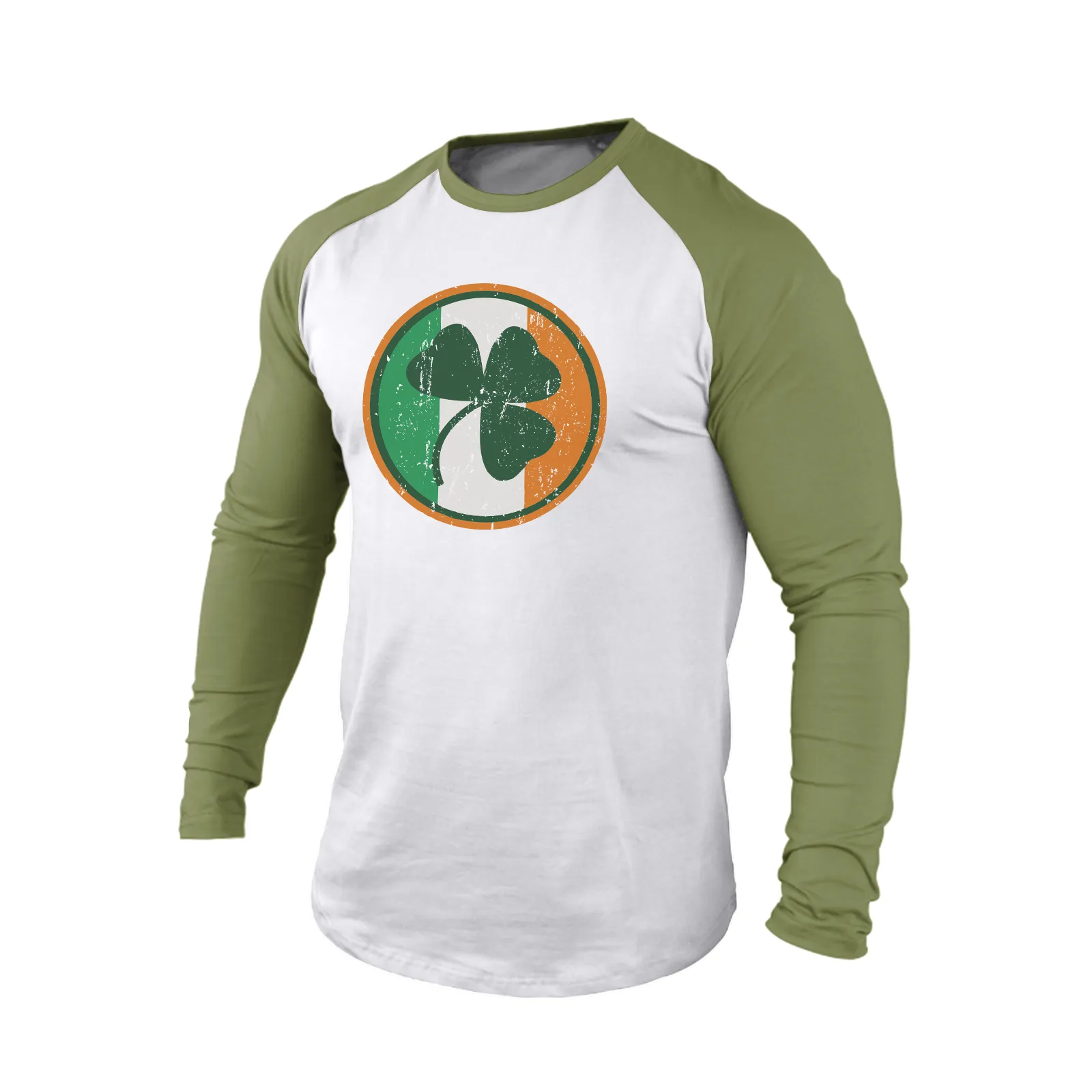 LUCKY SHAMROCK IRELAND FLAG 100% COTTON RAGLAN GRAPHIC LONG SLEEVE T-SHIRT