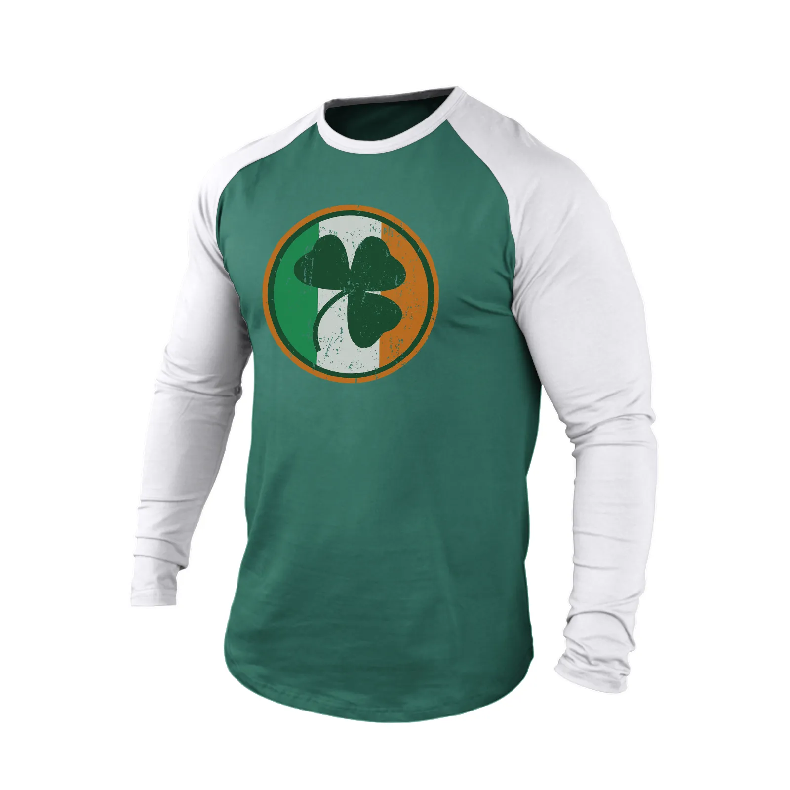 LUCKY SHAMROCK IRELAND FLAG 100% COTTON RAGLAN GRAPHIC LONG SLEEVE T-SHIRT