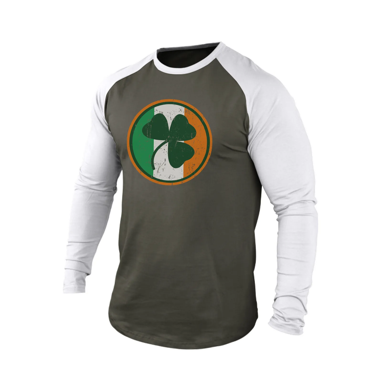 LUCKY SHAMROCK IRELAND FLAG 100% COTTON RAGLAN GRAPHIC LONG SLEEVE T-SHIRT