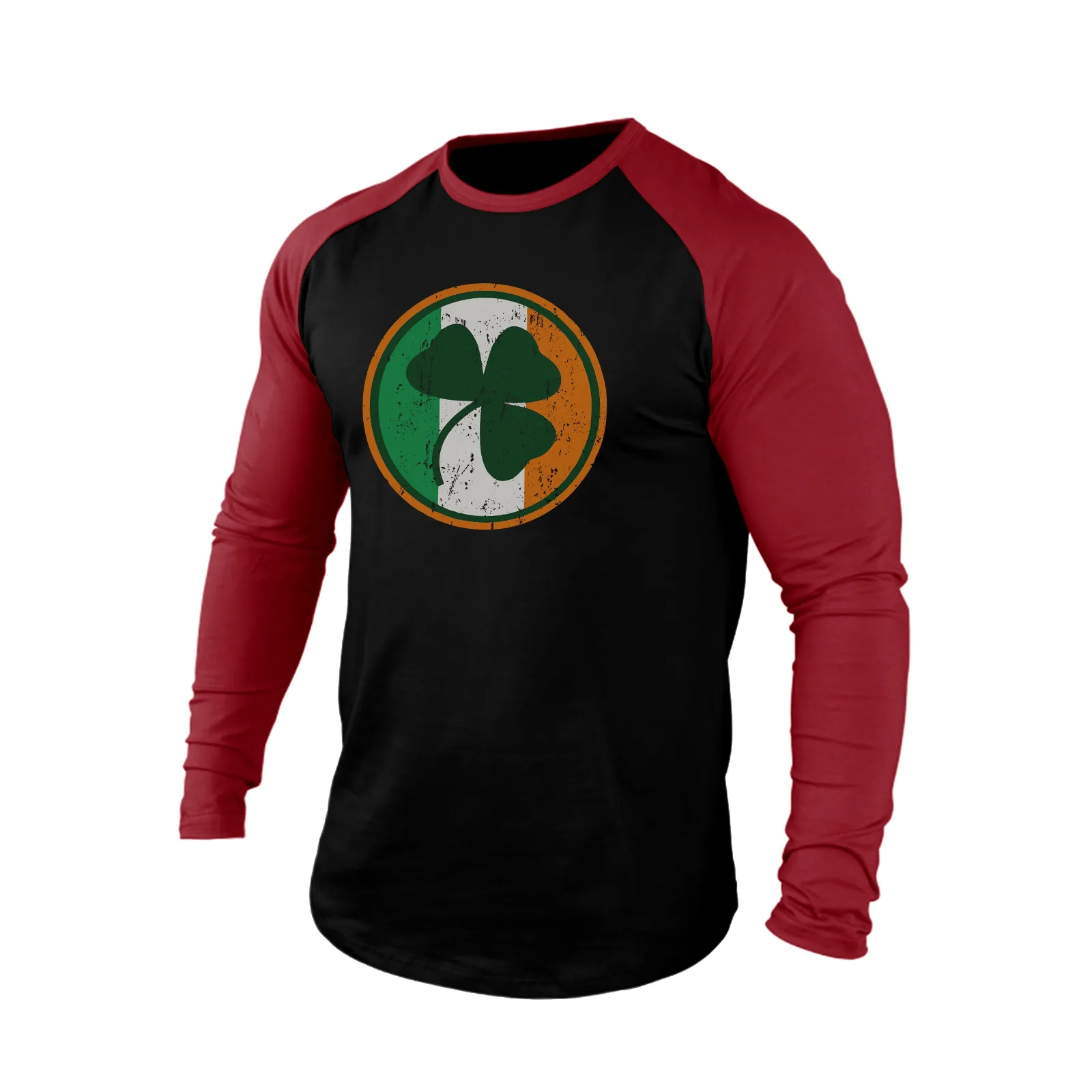 LUCKY SHAMROCK IRELAND FLAG 100% COTTON RAGLAN GRAPHIC LONG SLEEVE T-SHIRT