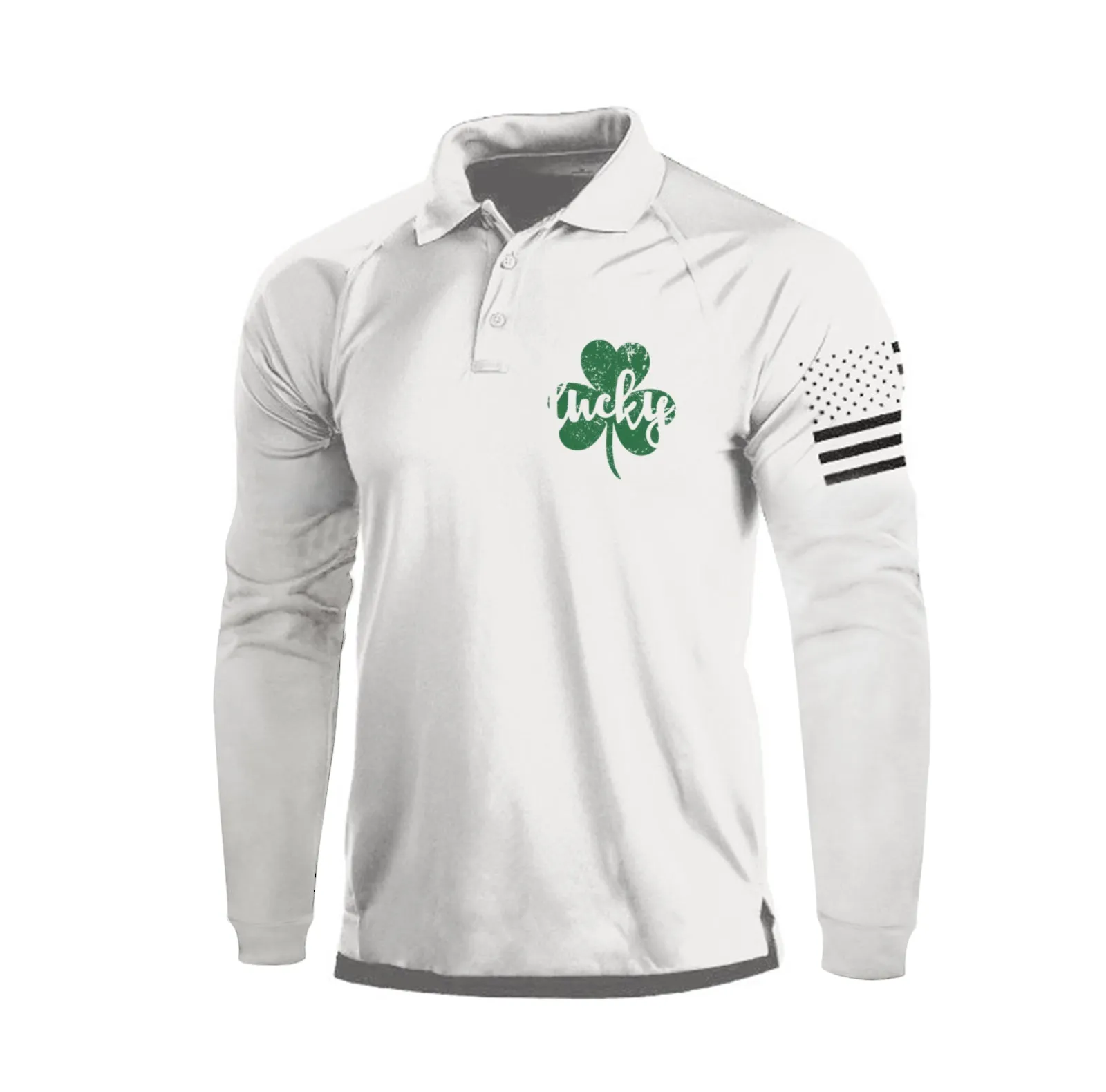 LUCKY SHAMROCK RAGLAN GRAPHIC LONG SLEEVE POLO SHIRT