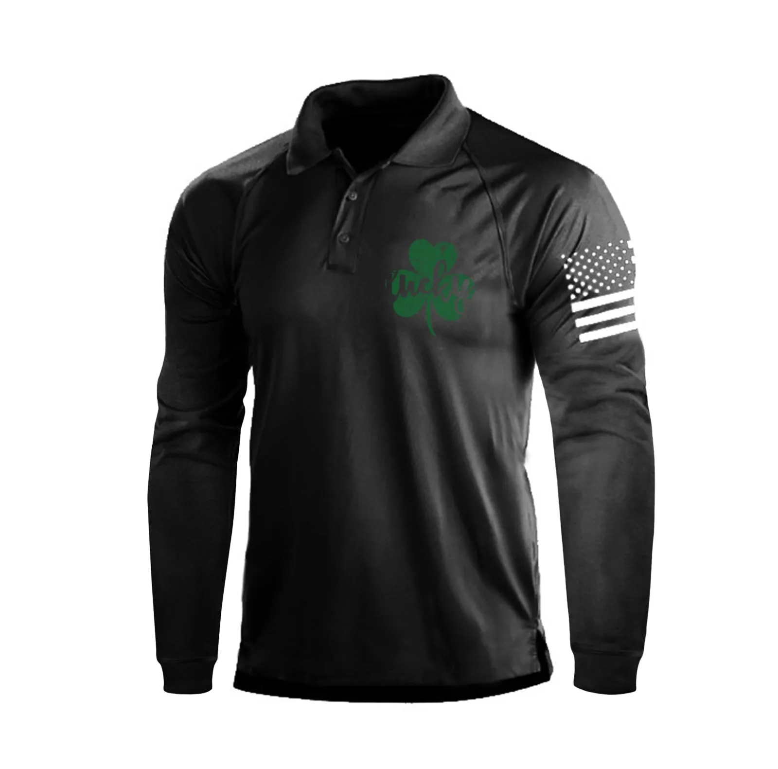 LUCKY SHAMROCK RAGLAN GRAPHIC LONG SLEEVE POLO SHIRT
