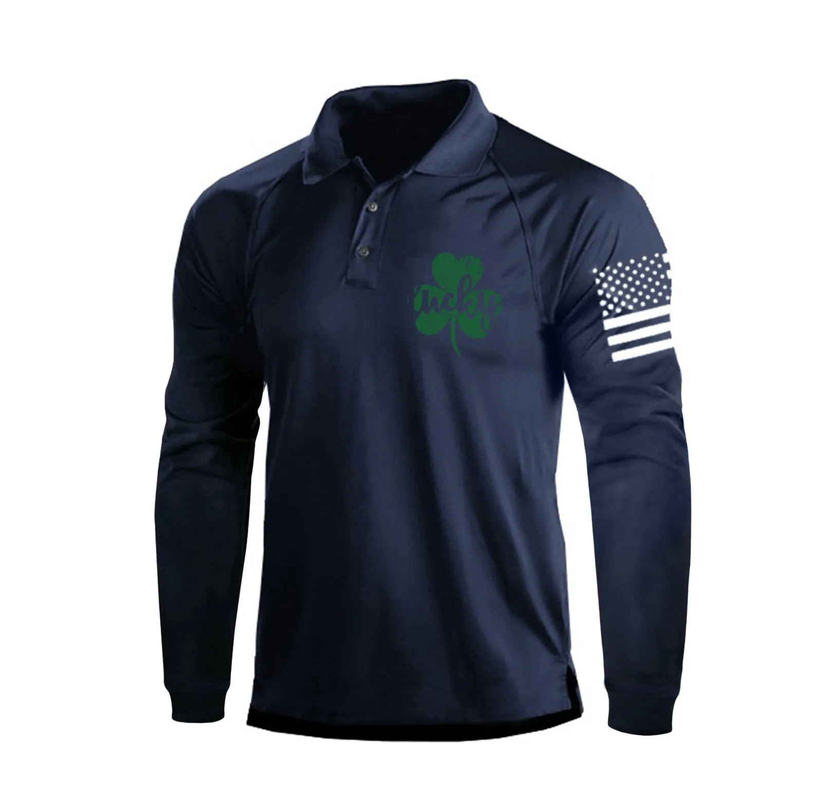 LUCKY SHAMROCK RAGLAN GRAPHIC LONG SLEEVE POLO SHIRT