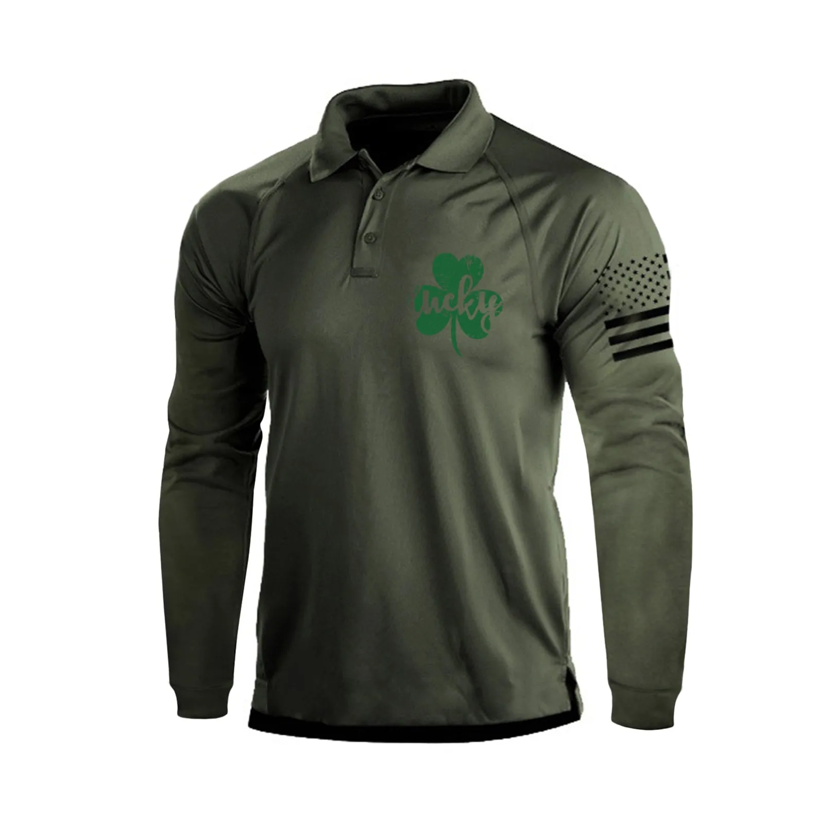 LUCKY SHAMROCK RAGLAN GRAPHIC LONG SLEEVE POLO SHIRT