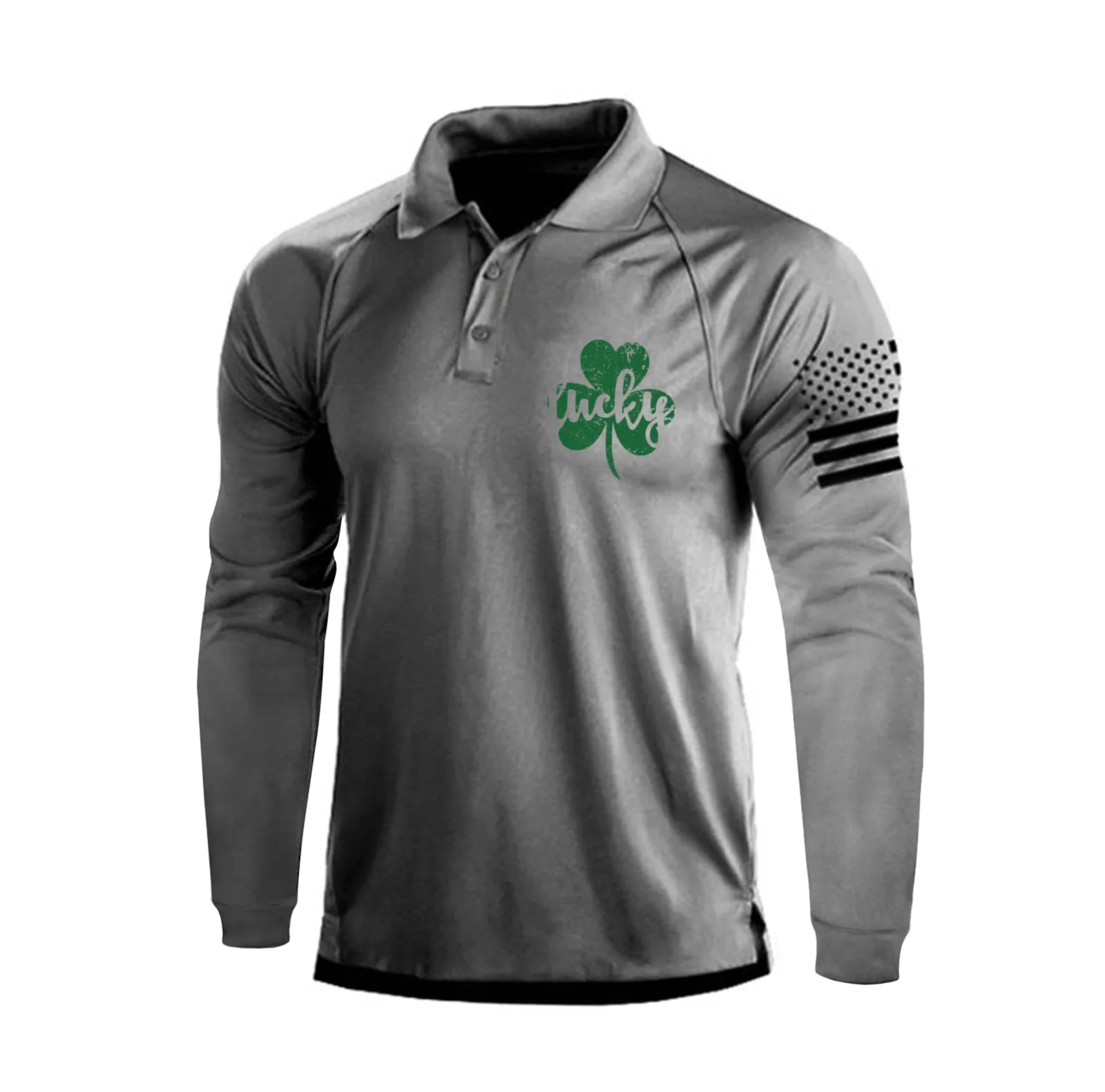 LUCKY SHAMROCK RAGLAN GRAPHIC LONG SLEEVE POLO SHIRT