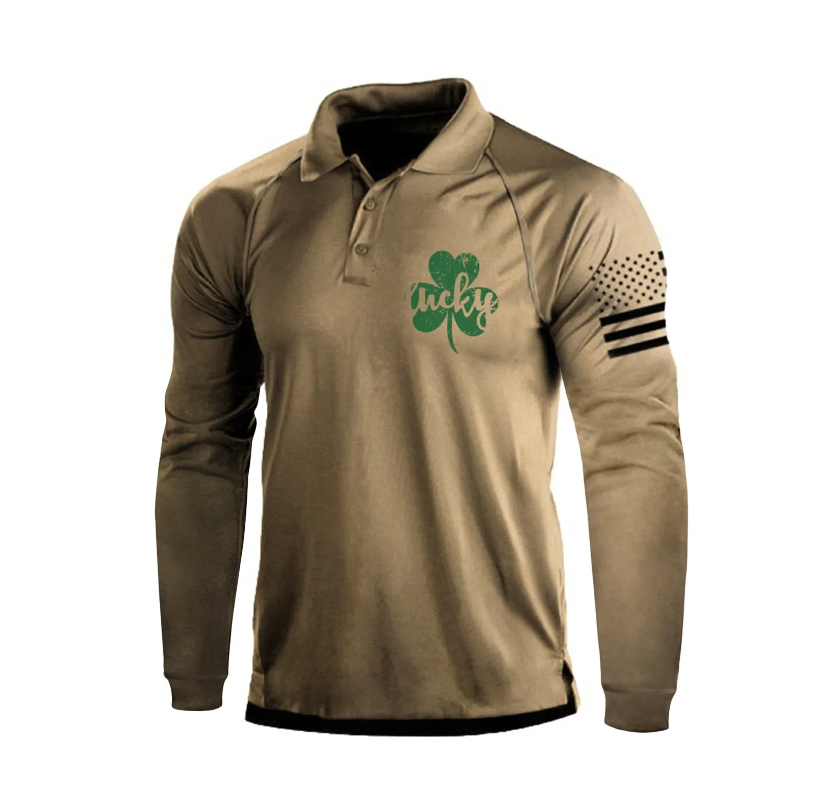 LUCKY SHAMROCK RAGLAN GRAPHIC LONG SLEEVE POLO SHIRT
