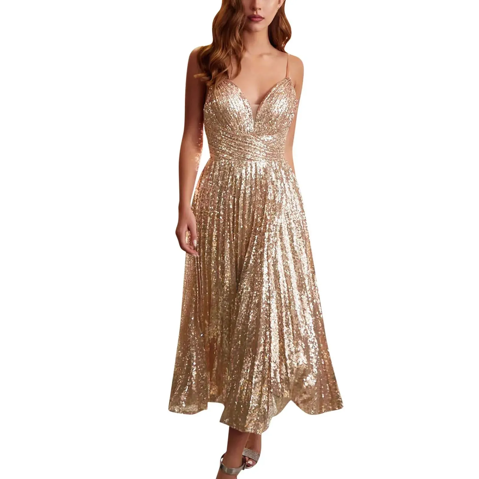 Luxury Sequin Long Dress for Women with High Waist A-Line Vestidos Spaghetti Strap Evening Party Dress