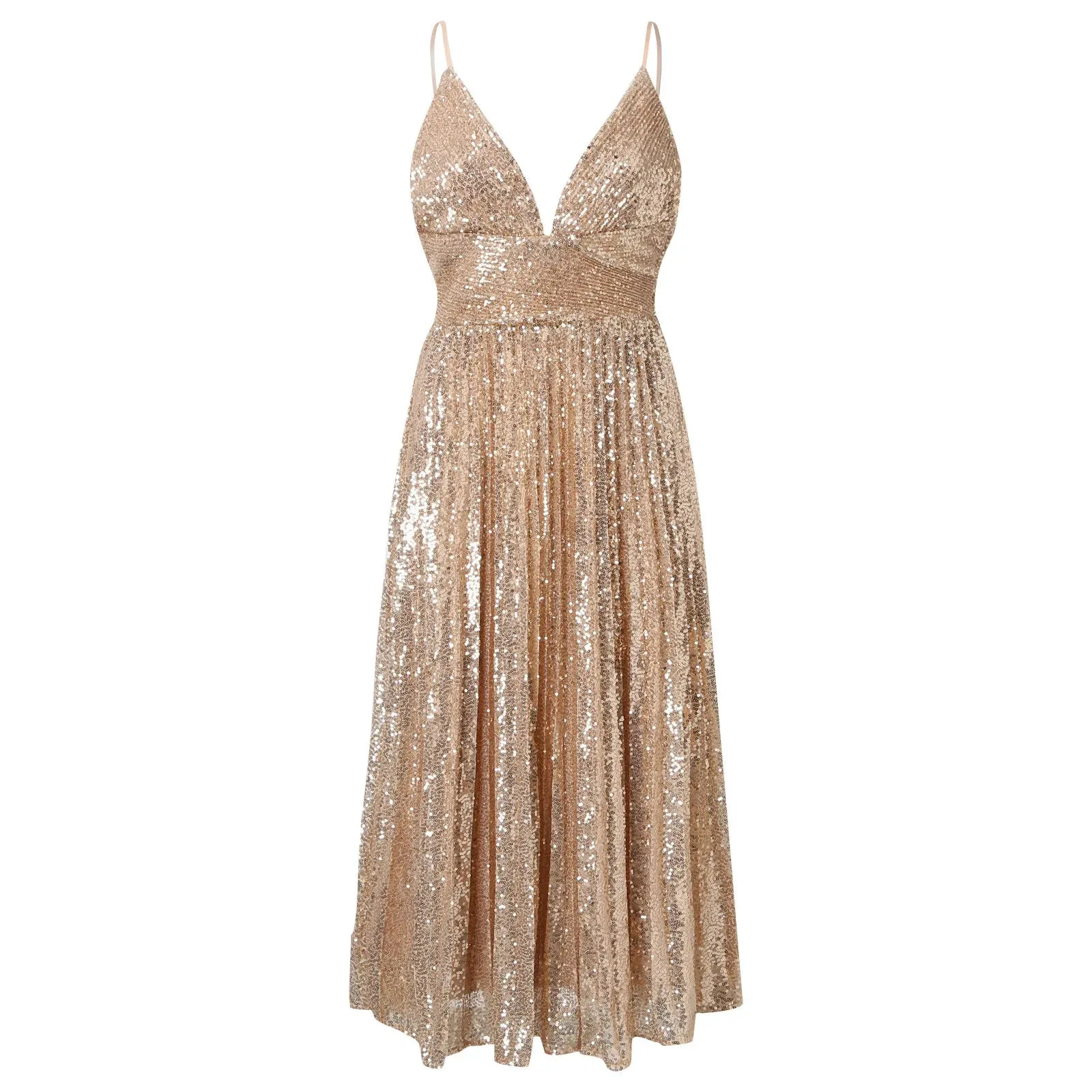 Luxury Sequin Long Dress for Women with High Waist A-Line Vestidos Spaghetti Strap Evening Party Dress