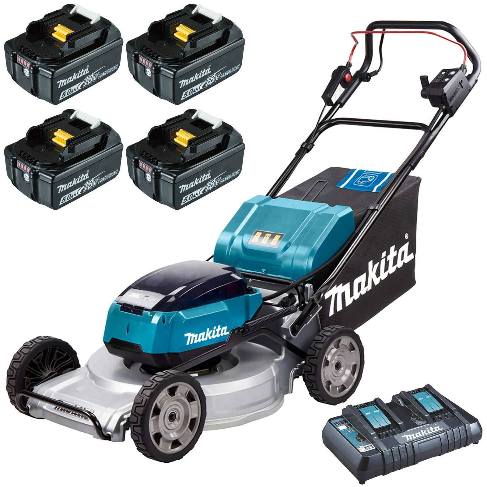 Makita 53cm Lawn Mower Kit Twin 18V LXT Li-ion Cordless Garden Grass Outdoor 4 x 5Ah Battery and Dual Rapid Charger DLM533PT4