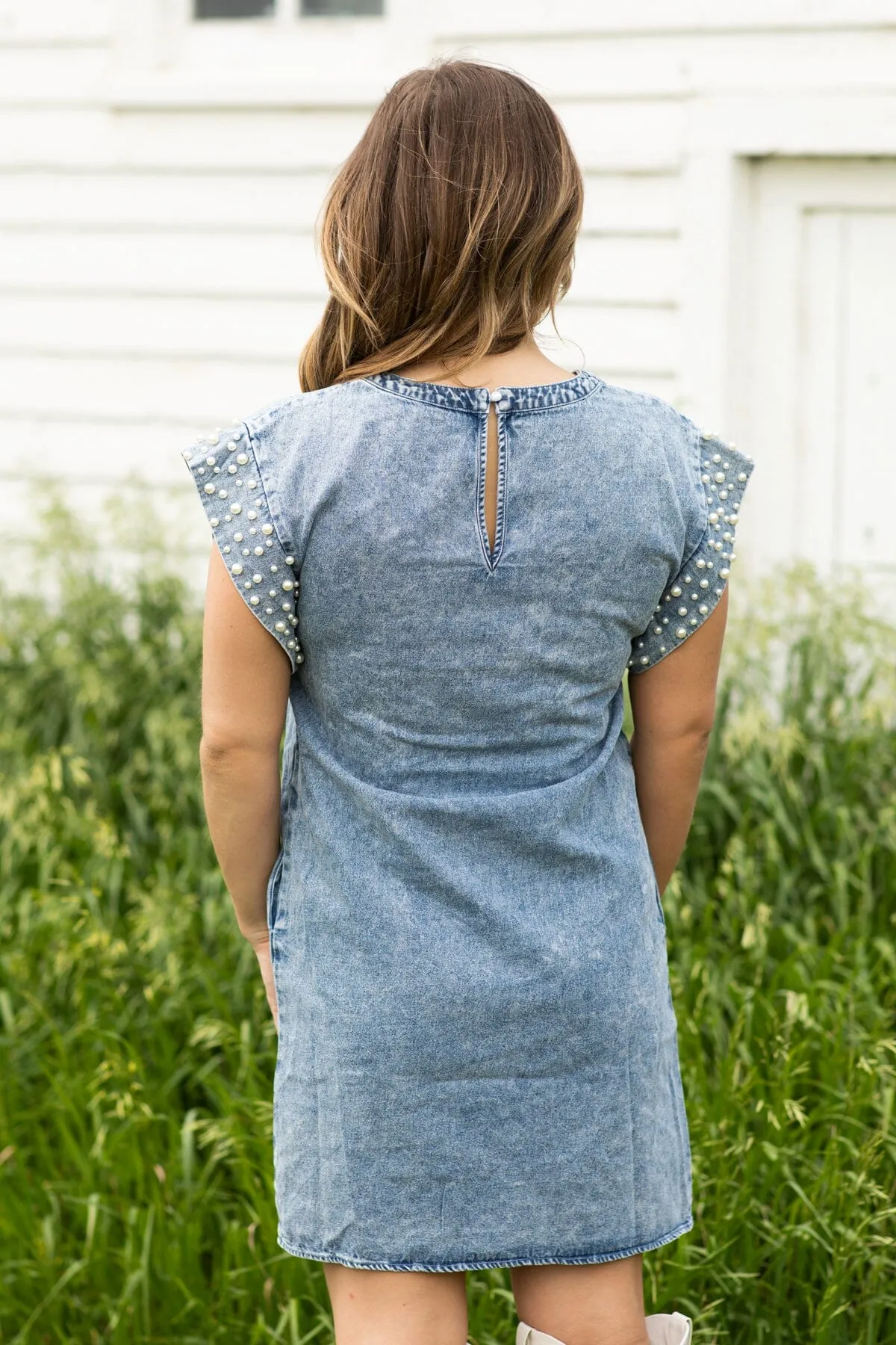 Medium Wash Denim Dress With Pearl Trim