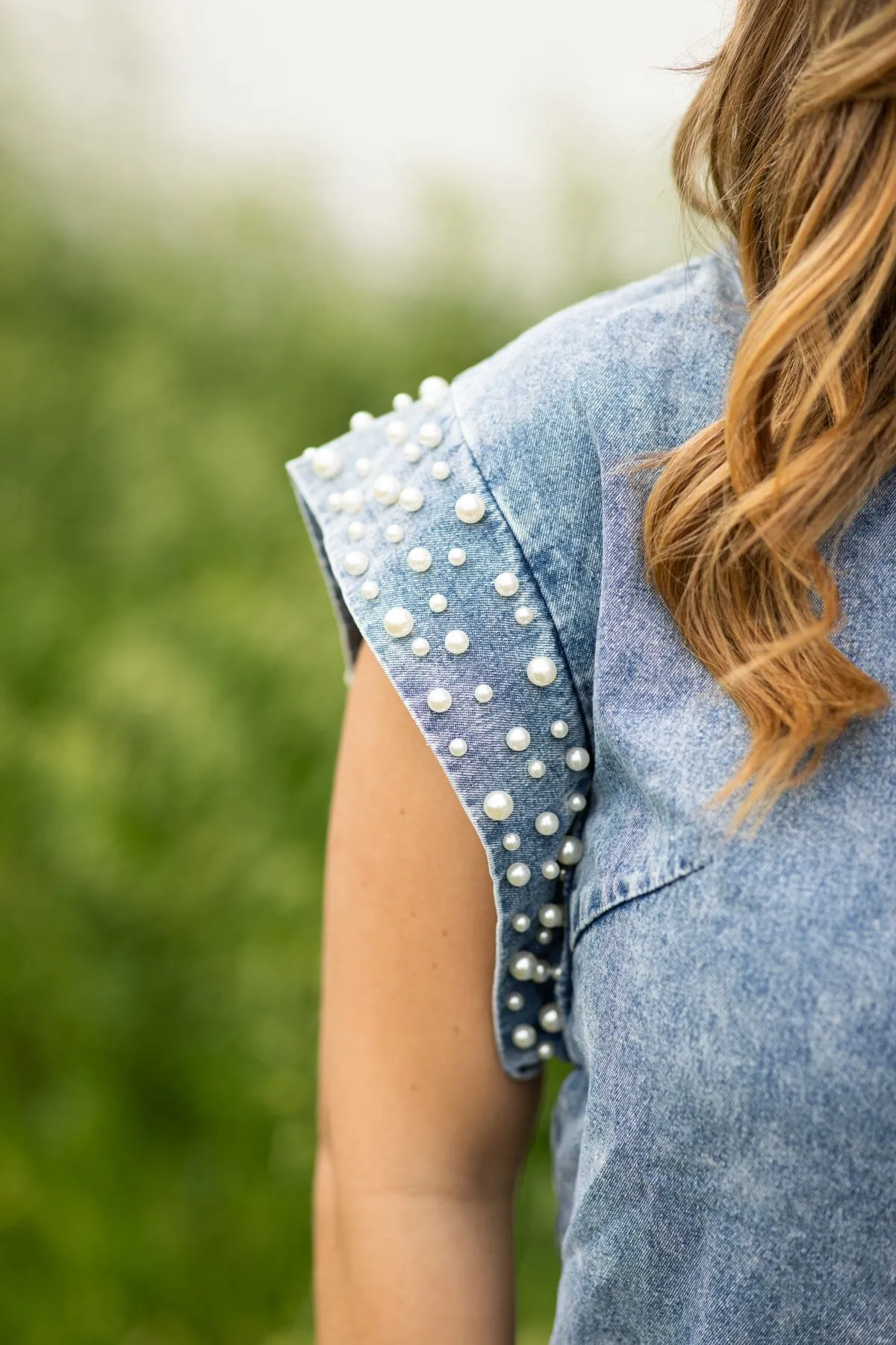 Medium Wash Denim Dress With Pearl Trim