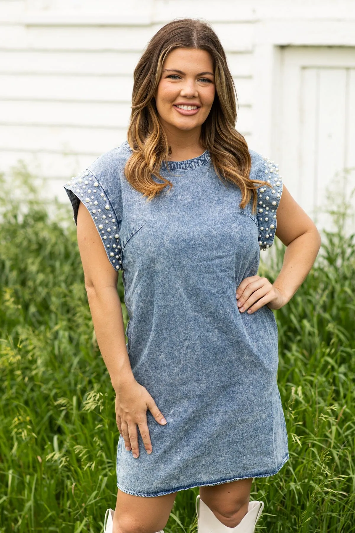 Medium Wash Denim Dress With Pearl Trim