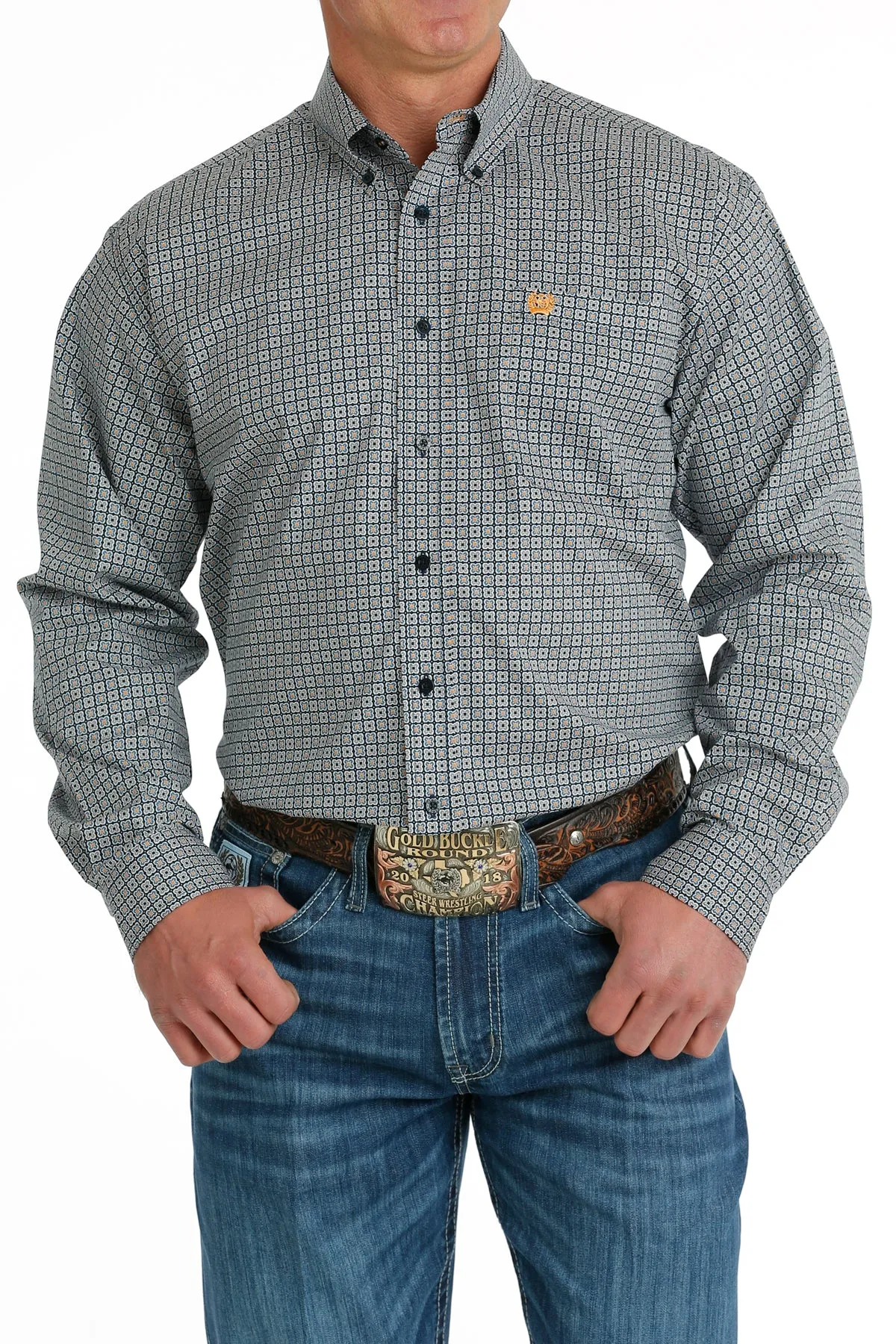 MENS CINCH NAY AND ORANGE PRINT L/S