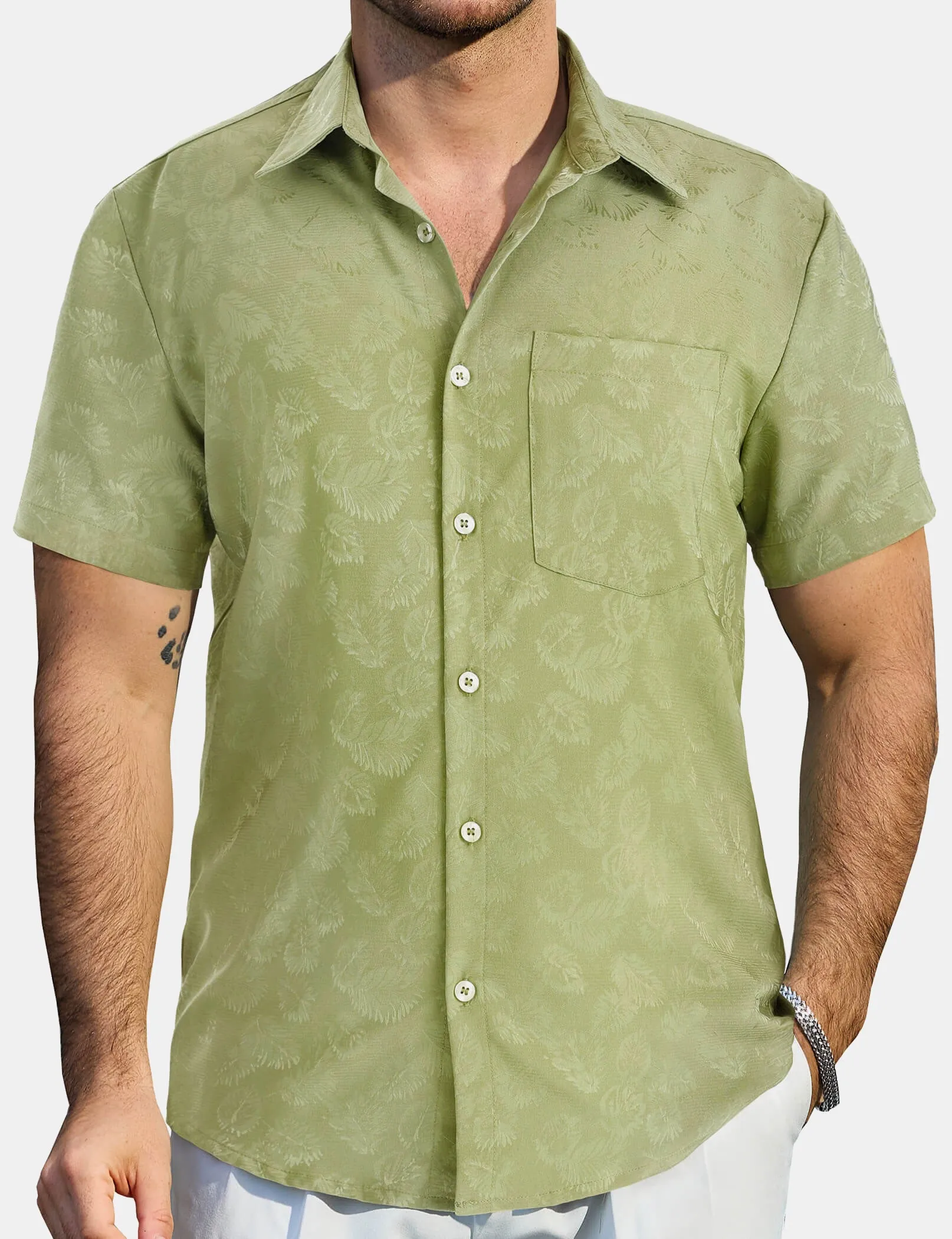 Men's Summer Jacquard Satin Casual Short Sleeve Button Up Shirts