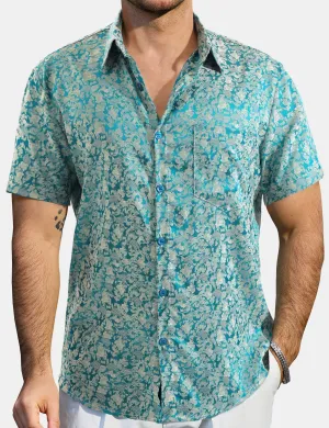Men's Summer Jacquard Satin Casual Short Sleeve Button Up Shirts