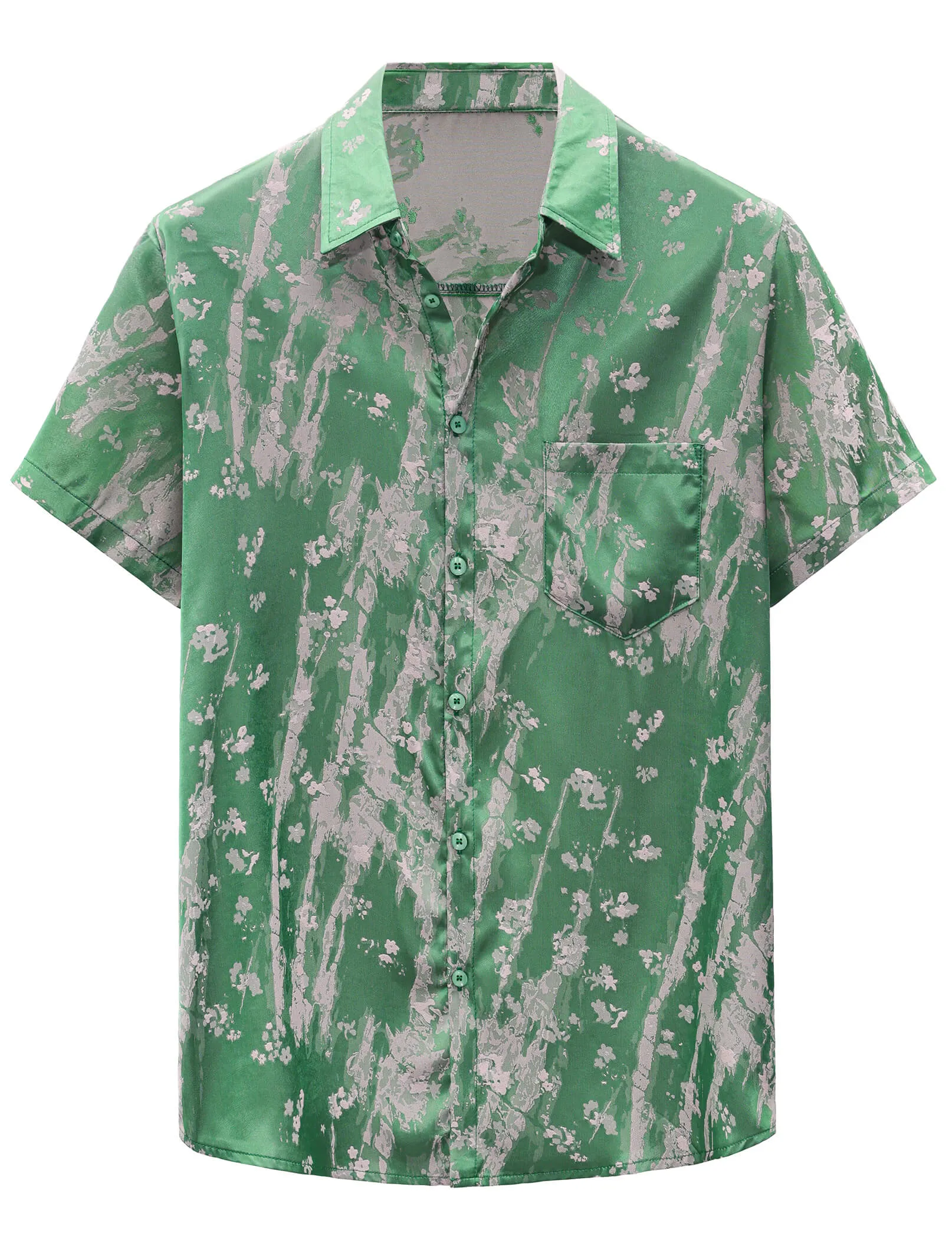 Men's Summer Jacquard Satin Casual Short Sleeve Button Up Shirts
