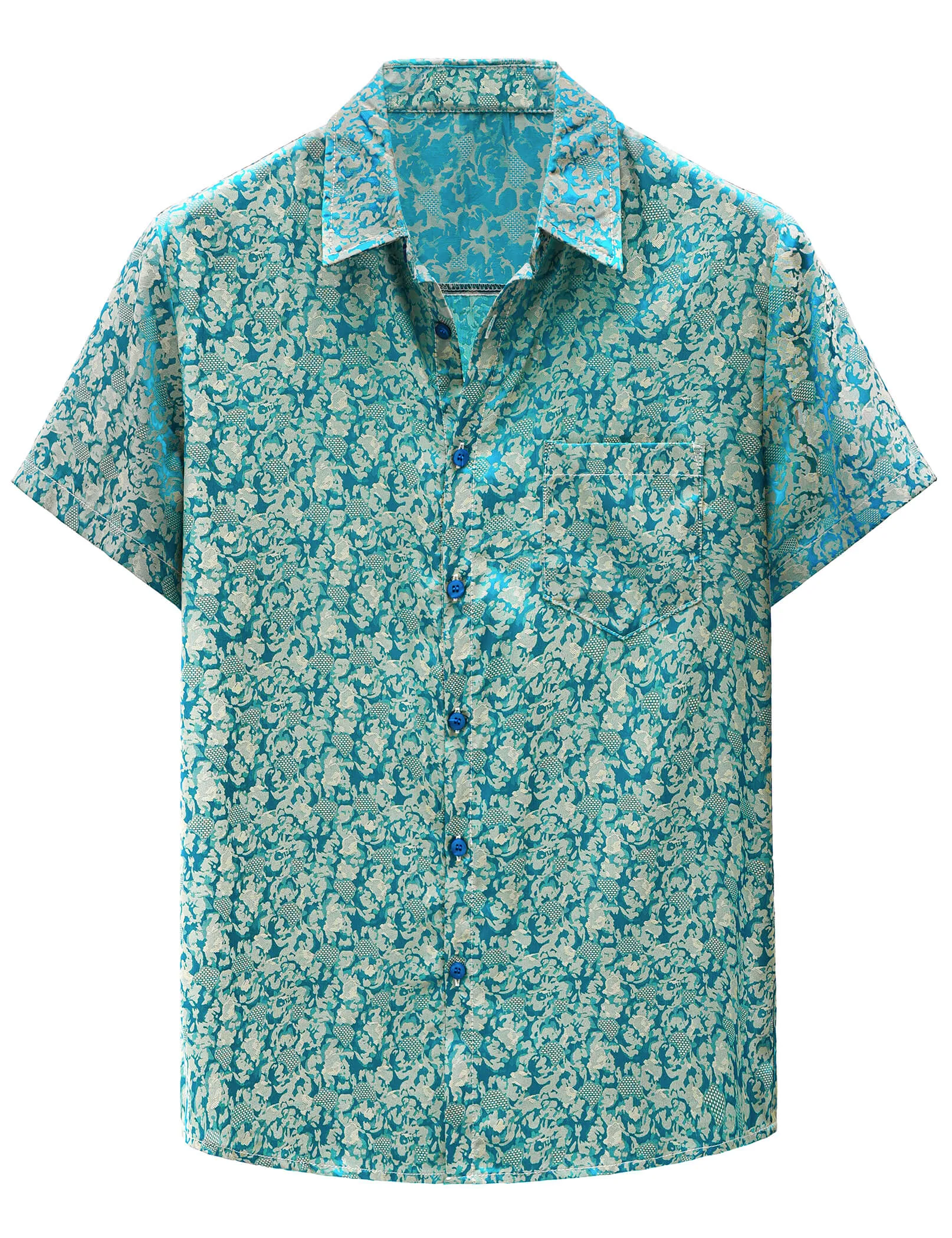 Men's Summer Jacquard Satin Casual Short Sleeve Button Up Shirts